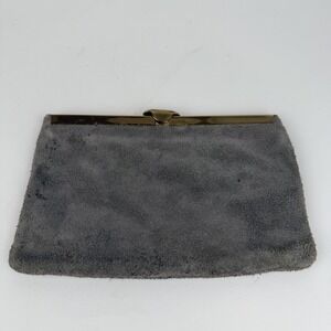 Vintage Etra Clutch Womens Small Gray Suede Evening Bag Gold Tone Frame Chain